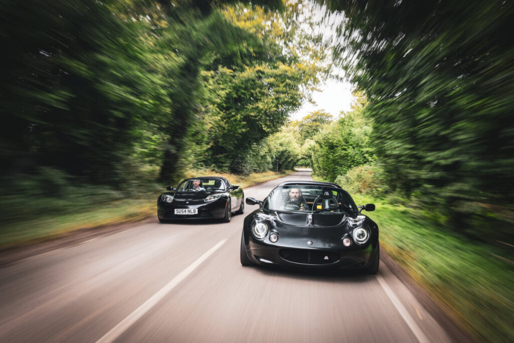 Lotus Elise and Tesla Roadster